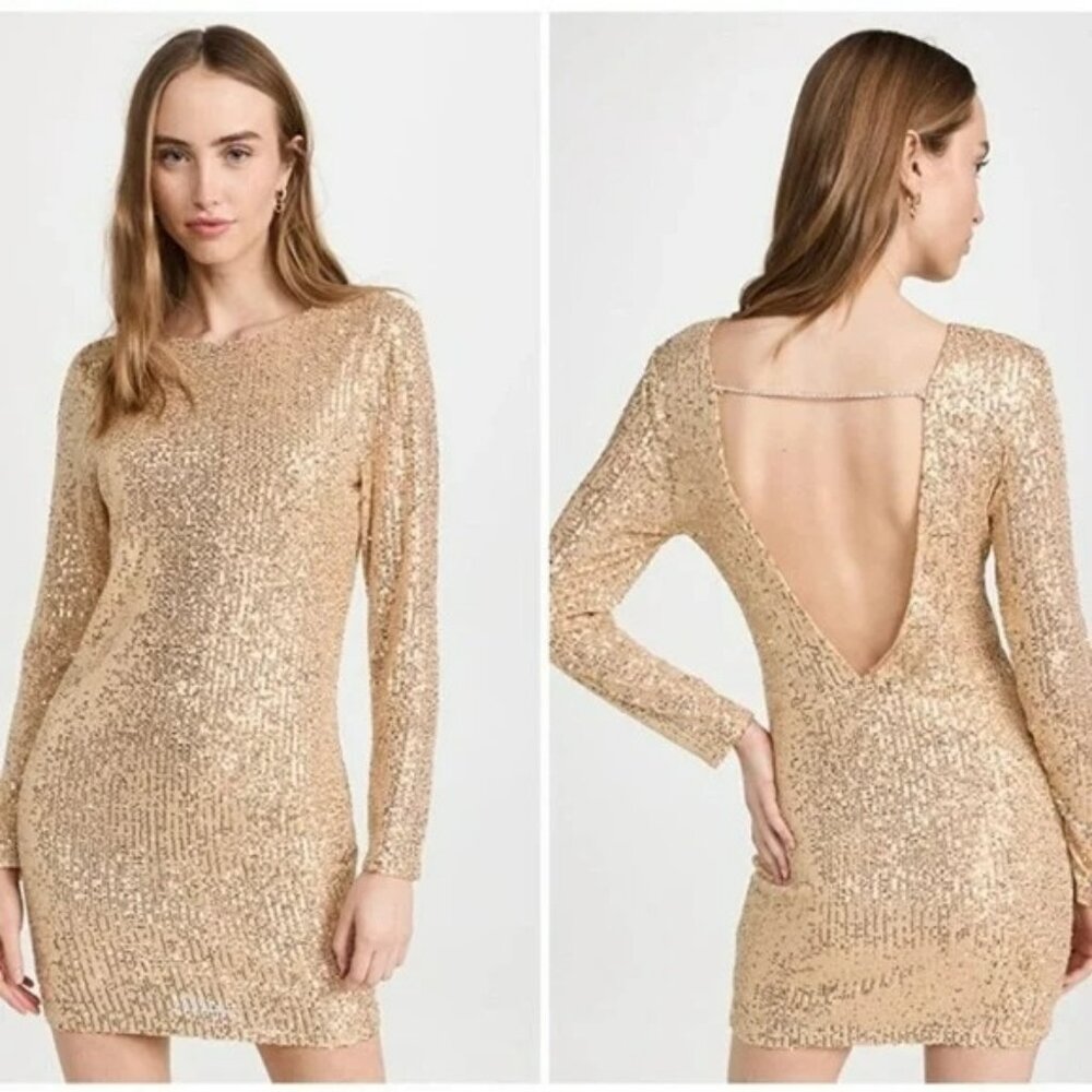 NWT WAYF Gold Sequin Open Back Long Sleeve Mini Dress Rhinestone Strap S